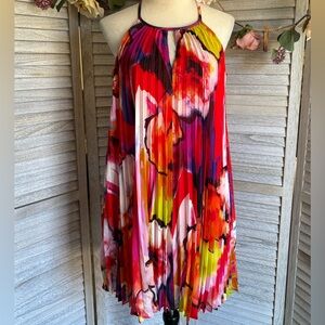 INC Women’s SZ 8 Vibrant Multicolor High Neckline V-neck Pleated Flowy Dress